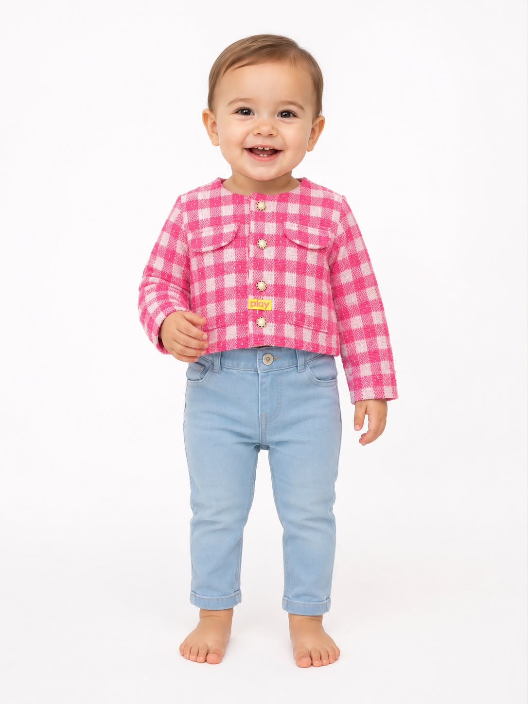 Sweater corta para bebé cuadros rosa play ground